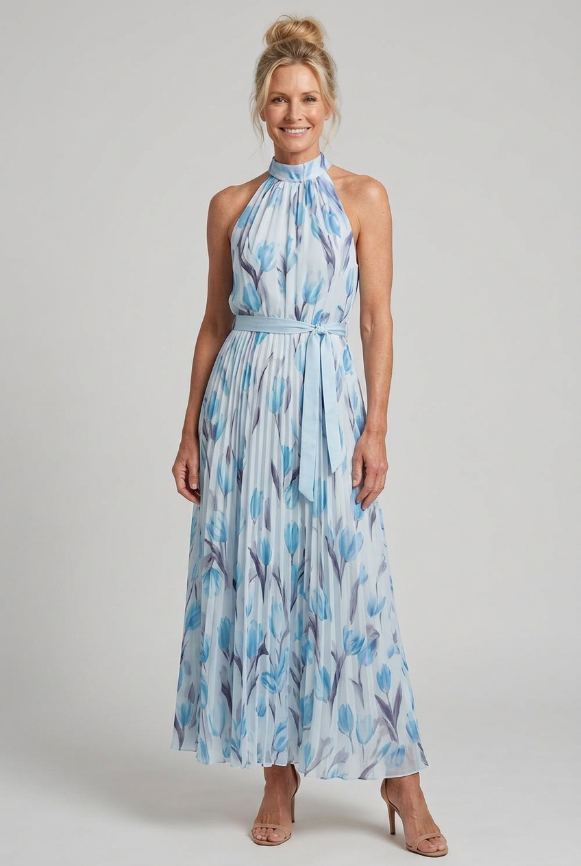 Women's Floral Halter Neck Midi Dress with Defined Waist