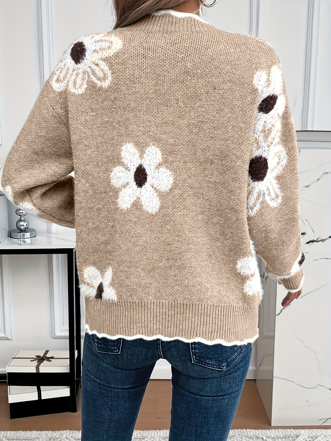 Women's Floral Knit Sweater with Scalloped V-Neckline