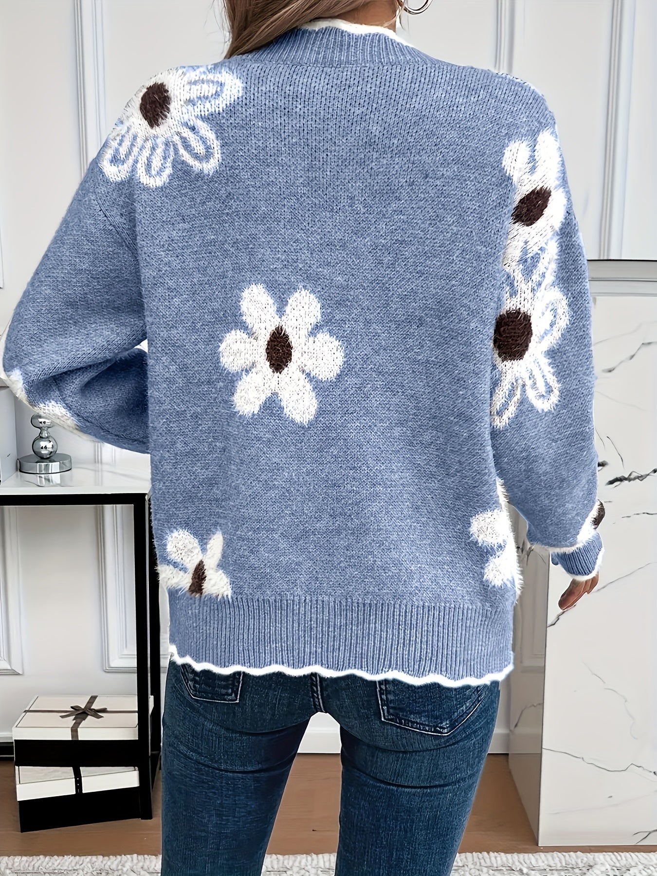 Women's Floral Knit Sweater with Scalloped V-Neckline