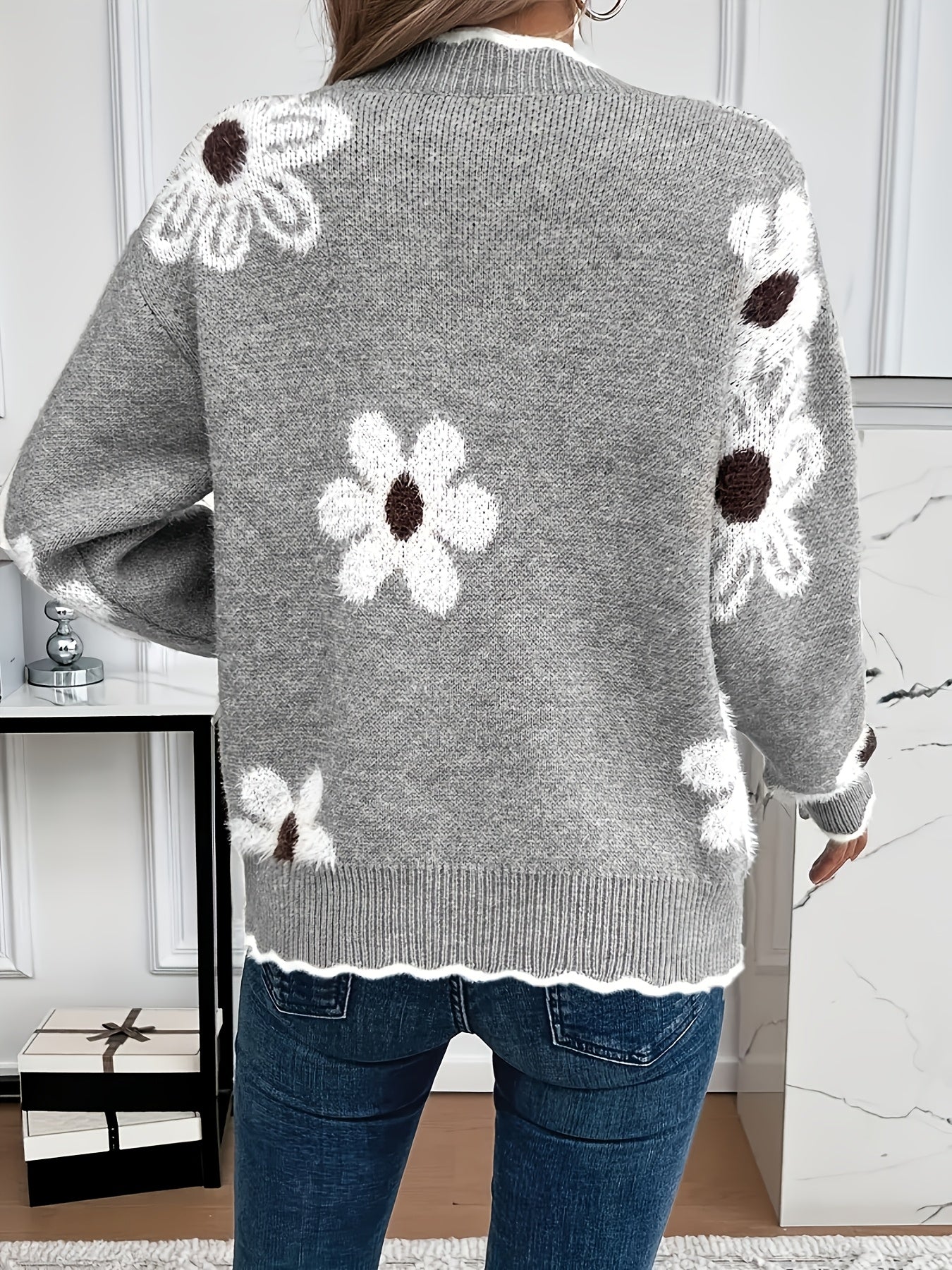Women's Floral Knit Sweater with Scalloped V-Neckline