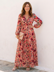 Women's Floral Long Sleeve Maxi Dress with Gathered Waist