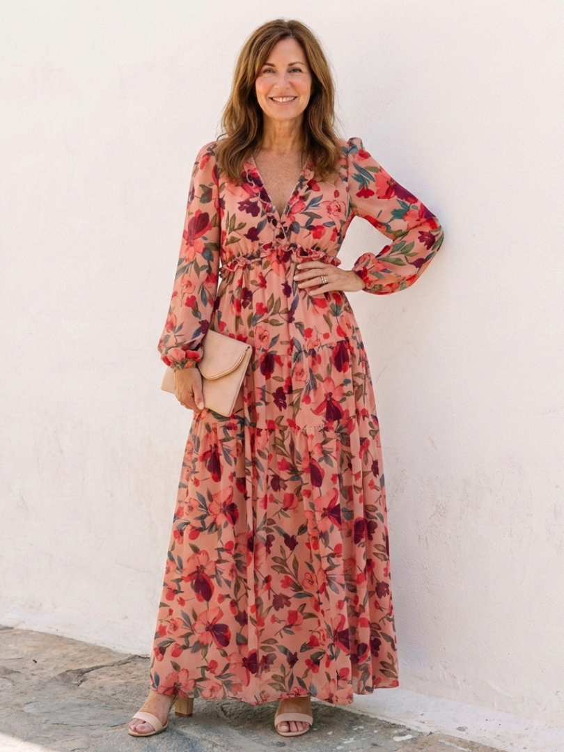 Women's Floral Long Sleeve Maxi Dress with Gathered Waist