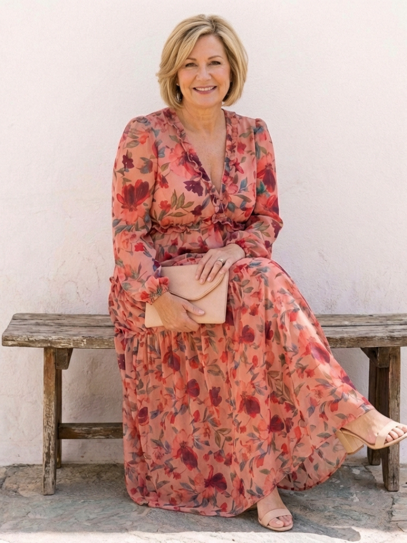 Women's Floral Long Sleeve Maxi Dress with Gathered Waist