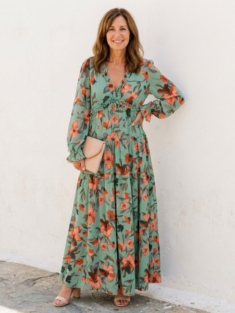 Women's Floral Long Sleeve Maxi Dress with Gathered Waist