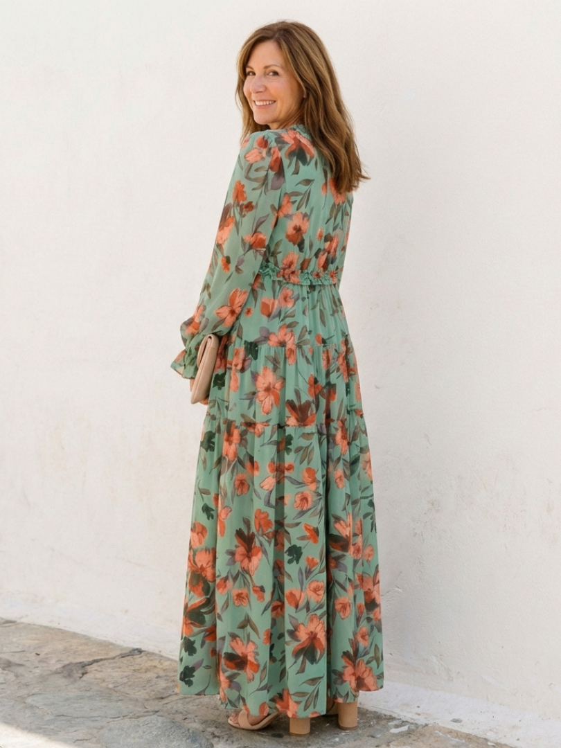 Women's Floral Long Sleeve Maxi Dress with Gathered Waist