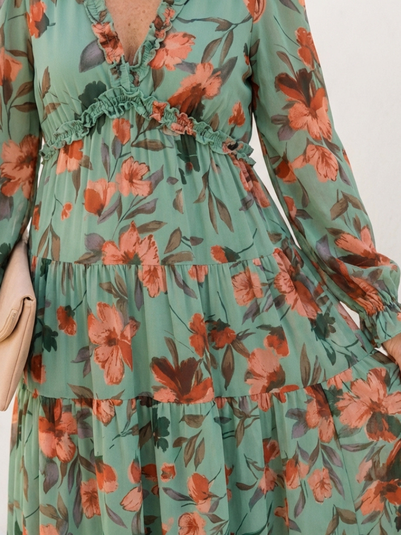 Women's Floral Long Sleeve Maxi Dress with Gathered Waist