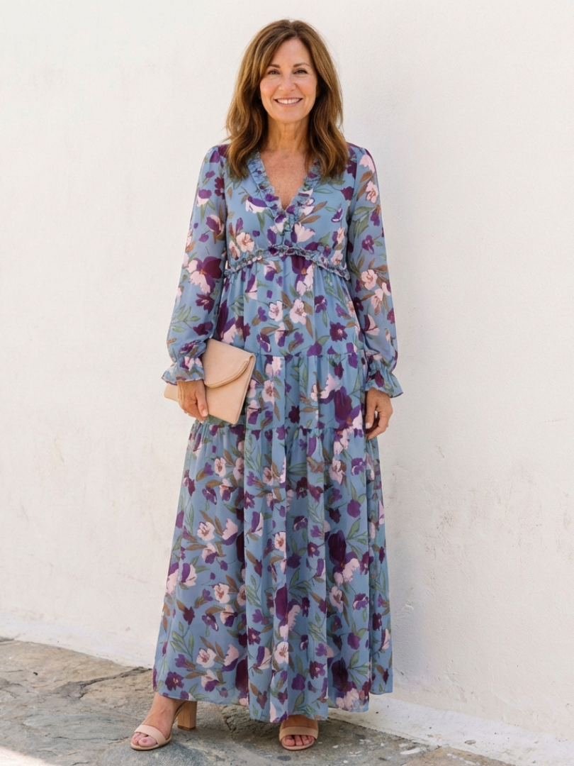 Women's Floral Long Sleeve Maxi Dress with Gathered Waist