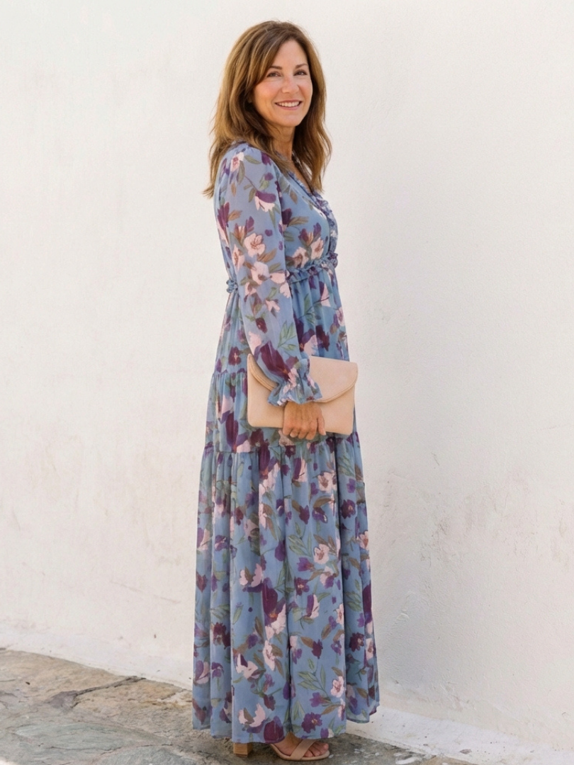 Women's Floral Long Sleeve Maxi Dress with Gathered Waist
