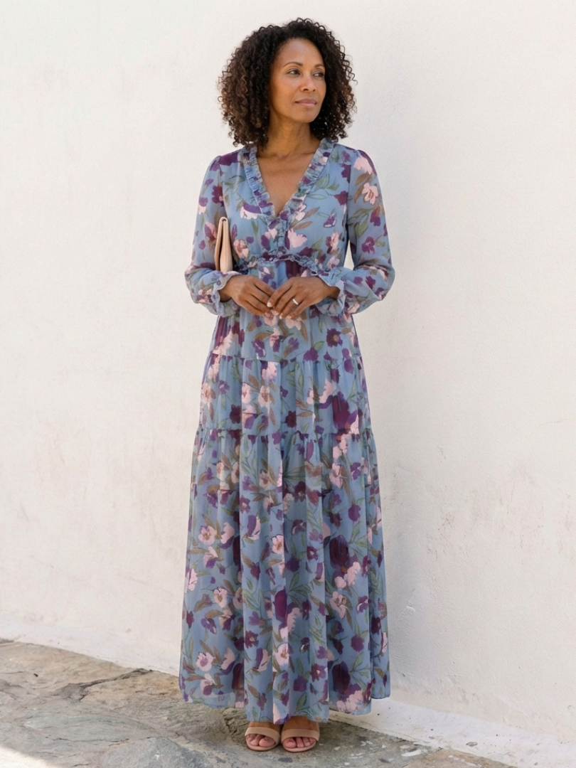 Women's Floral Long Sleeve Maxi Dress with Gathered Waist
