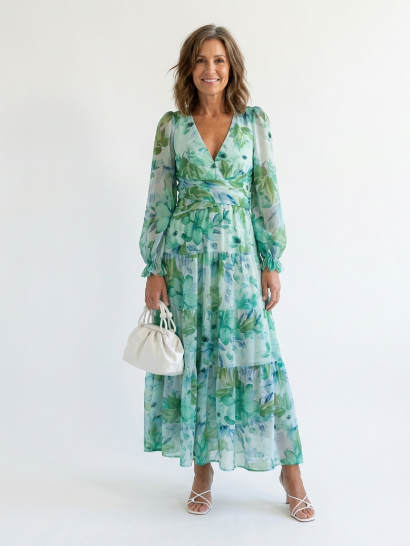Women's Floral Long Sleeve Maxi Dress with Pull-On Closure