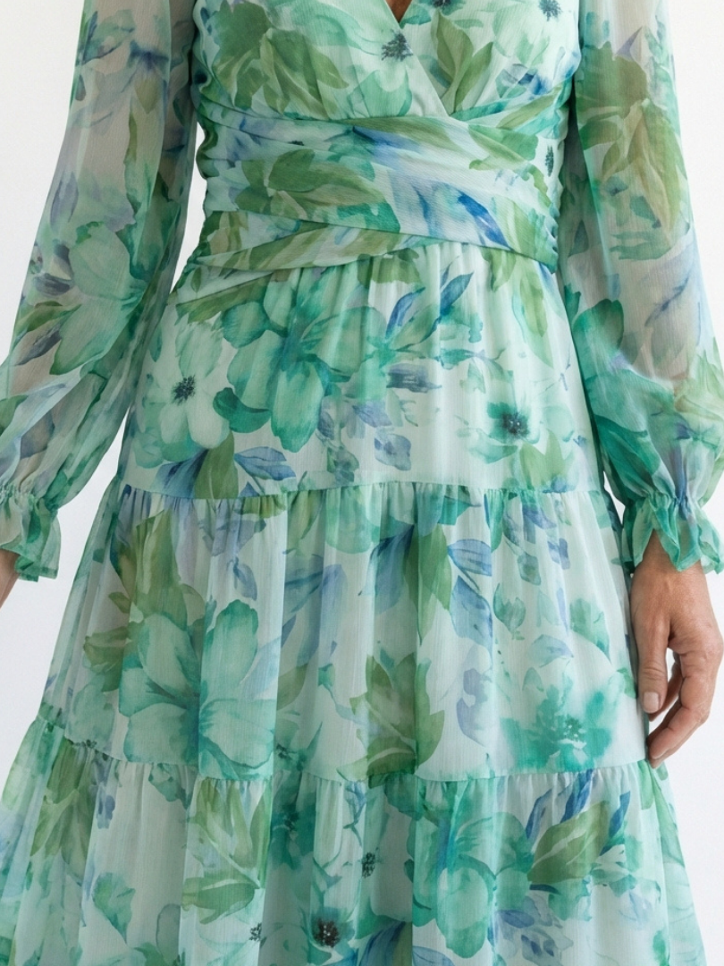 Women's Floral Long Sleeve Maxi Dress with Pull-On Closure