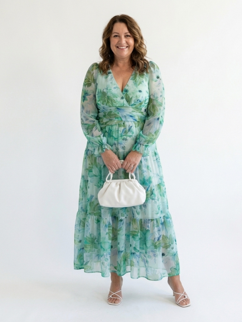 Women's Floral Long Sleeve Maxi Dress with Pull-On Closure