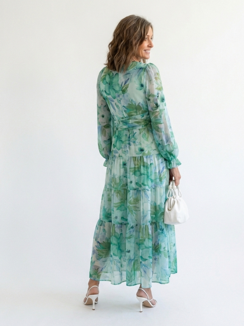 Women's Floral Long Sleeve Maxi Dress with Pull-On Closure
