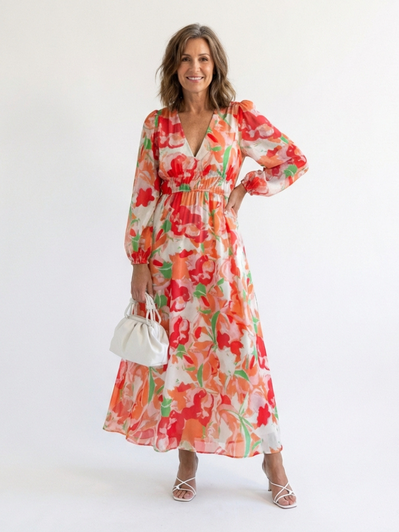 Women's Floral Long Sleeve Maxi Dress with Pull-On Closure