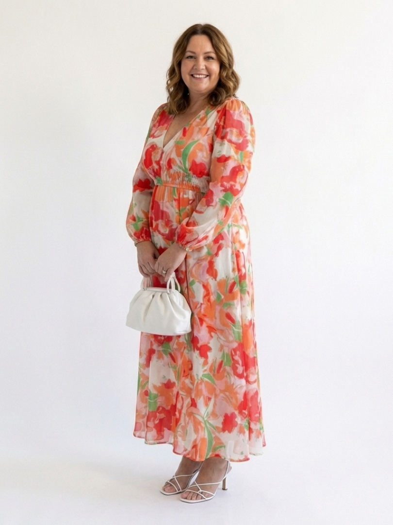 Women's Floral Long Sleeve Maxi Dress with Pull-On Closure