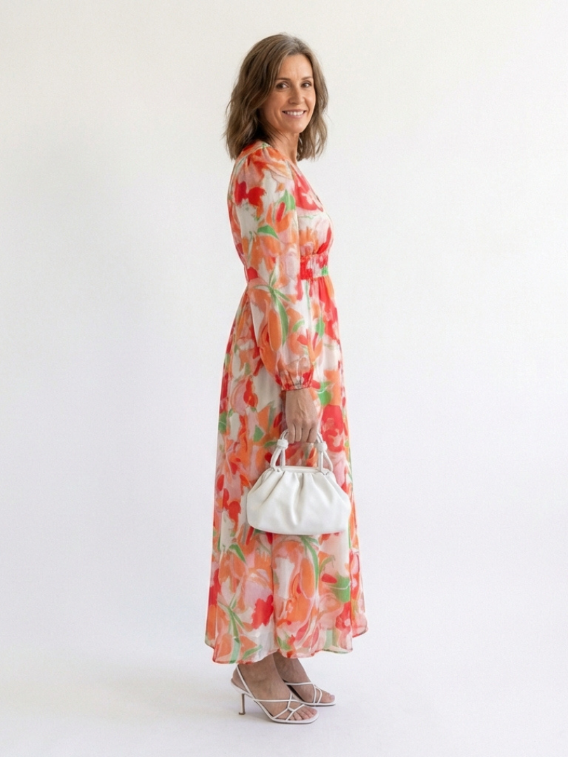 Women's Floral Long Sleeve Maxi Dress with Pull-On Closure