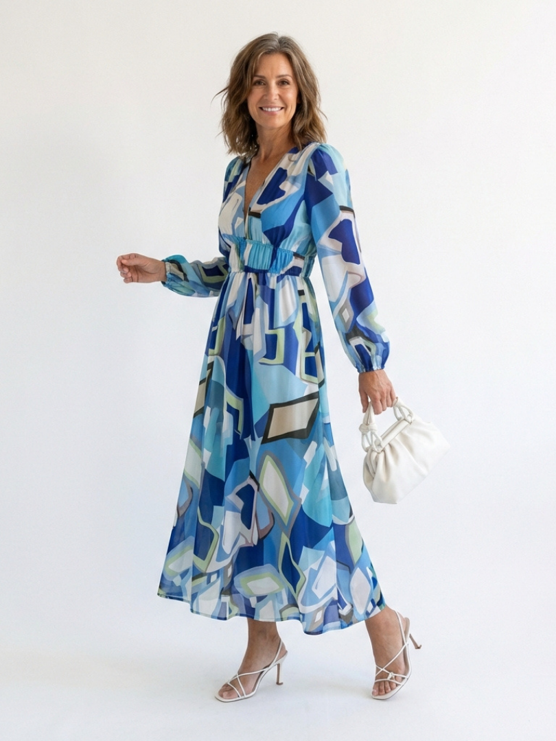 Women's Floral Long Sleeve Maxi Dress with Pull-On Closure