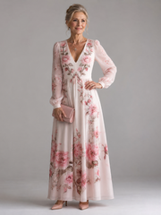 Women's Floral Long Sleeve Midi Dress with V Neckline