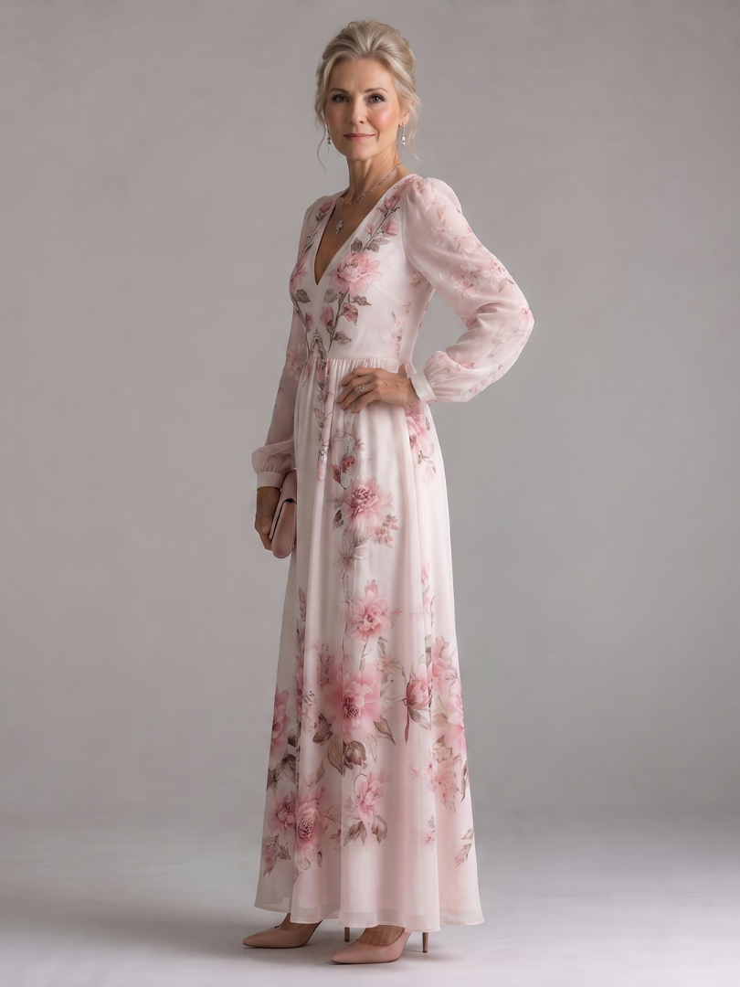 Women's Floral Long Sleeve Midi Dress with V Neckline