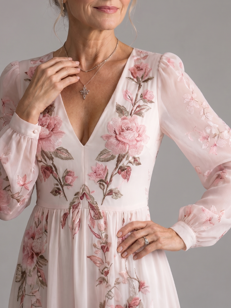 Women's Floral Long Sleeve Midi Dress with V Neckline