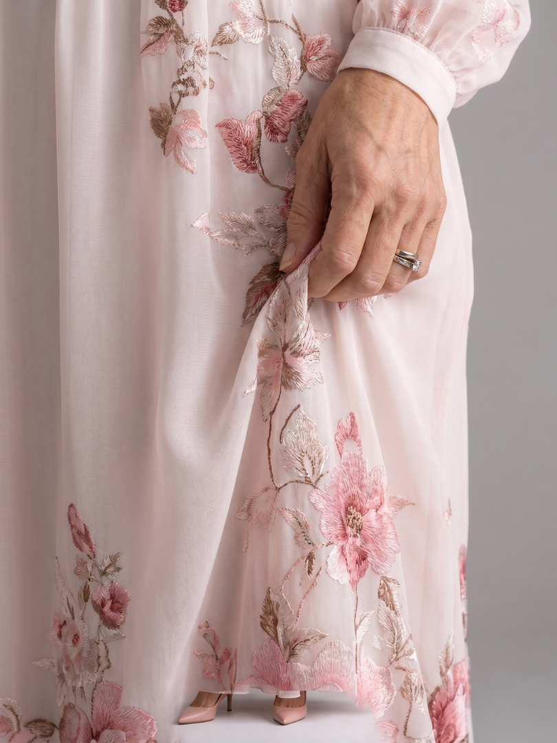 Women's Floral Long Sleeve Midi Dress with V Neckline