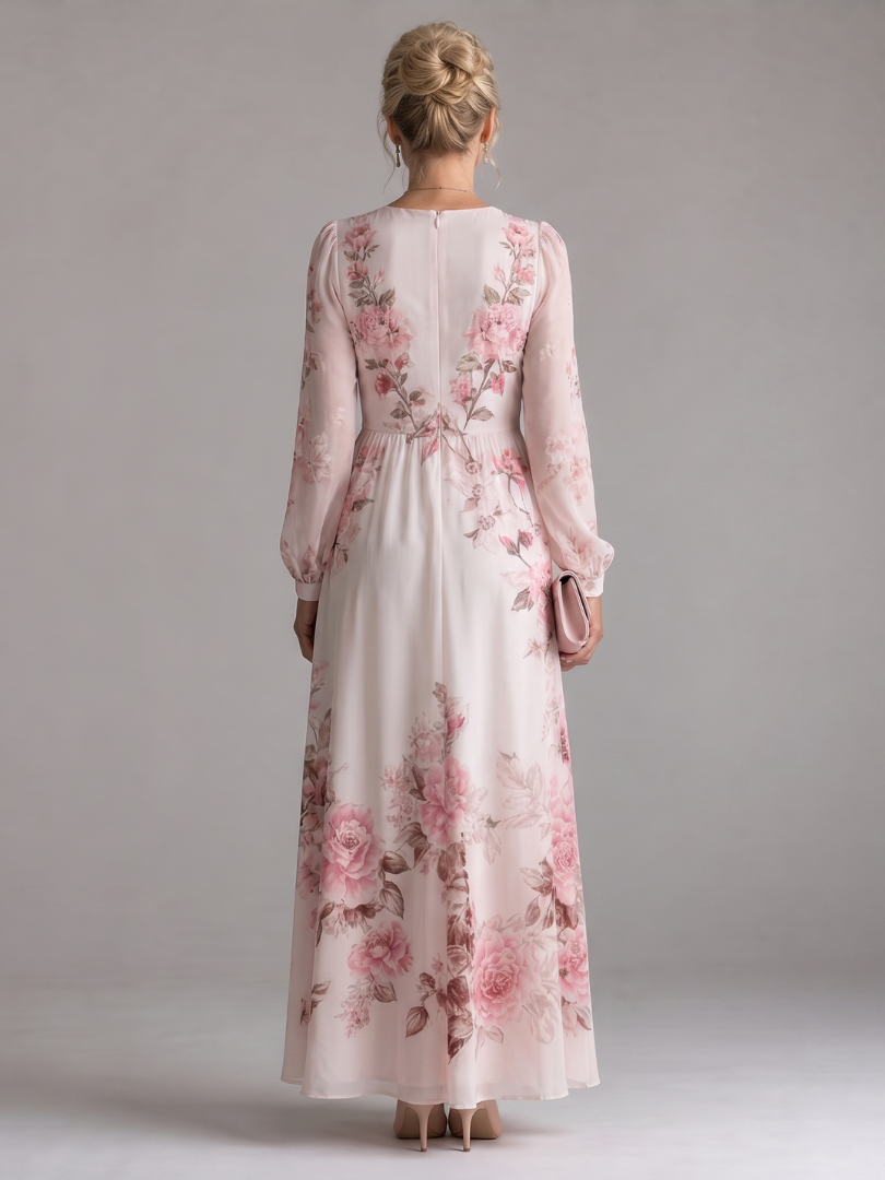 Women's Floral Long Sleeve Midi Dress with V Neckline