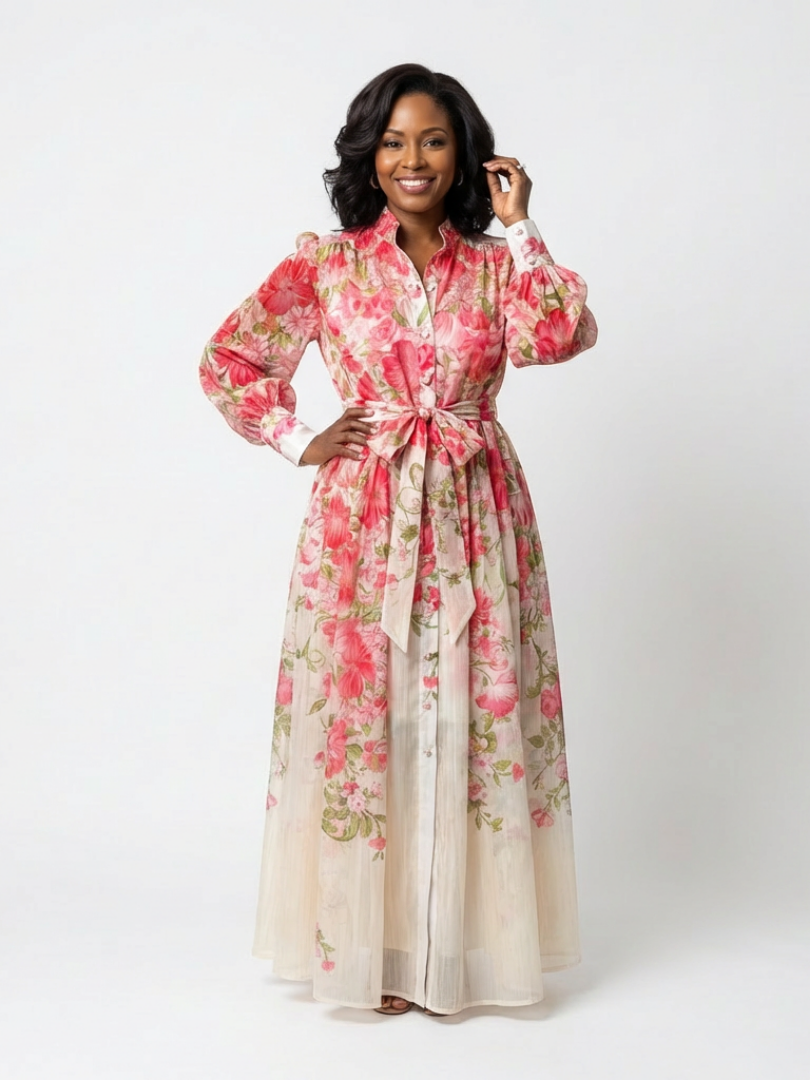 Women's Floral Maxi Dress with Tie Waist