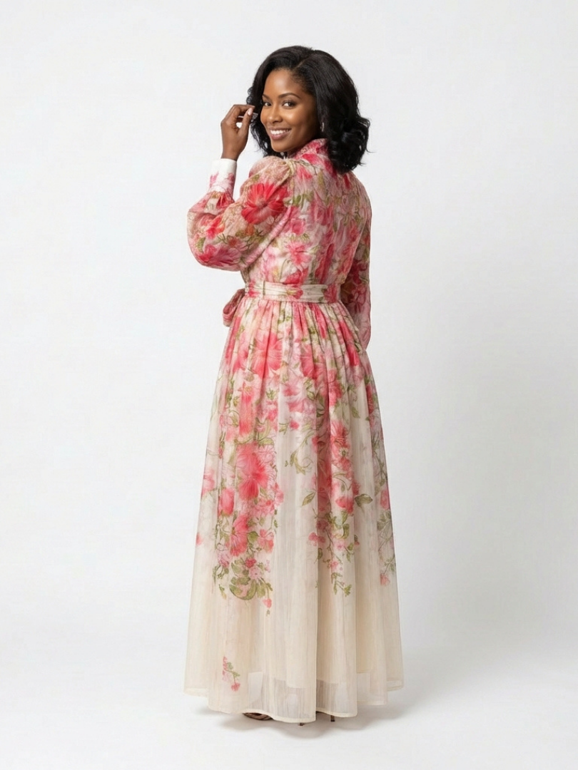 Women's Floral Maxi Dress with Tie Waist