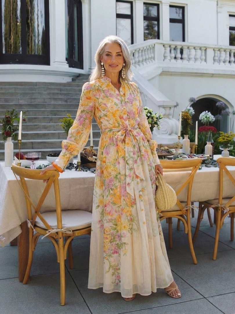 Women's Floral Maxi Dress with Tie Waist