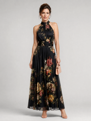 Women's Floral Midi Dress with Backless Neckline