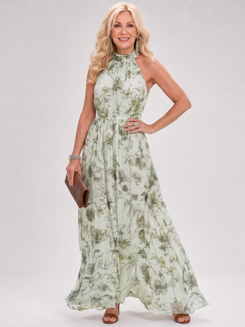 Women's Floral Midi Dress with Backless Neckline