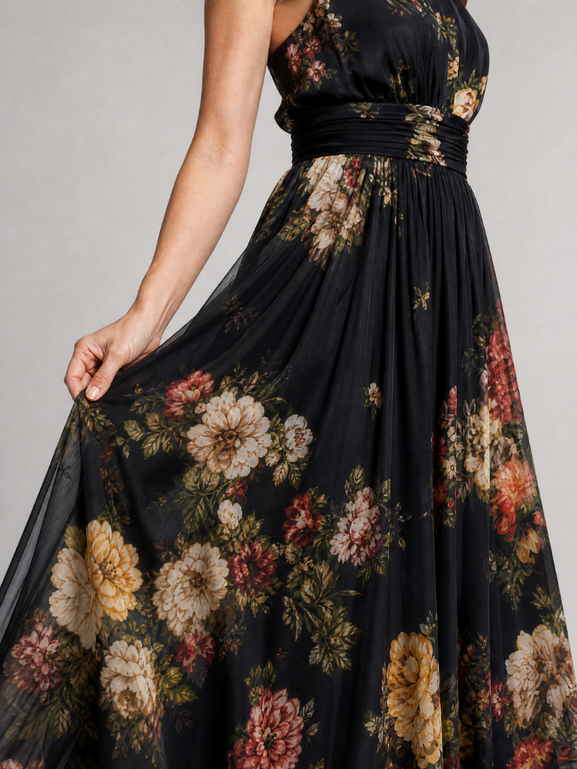 Women's Floral Midi Dress with Backless Neckline