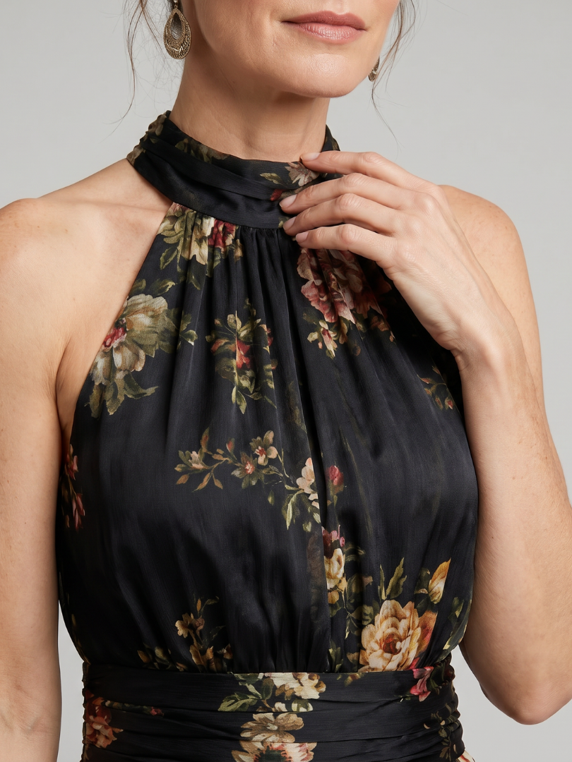Women's Floral Midi Dress with Backless Neckline