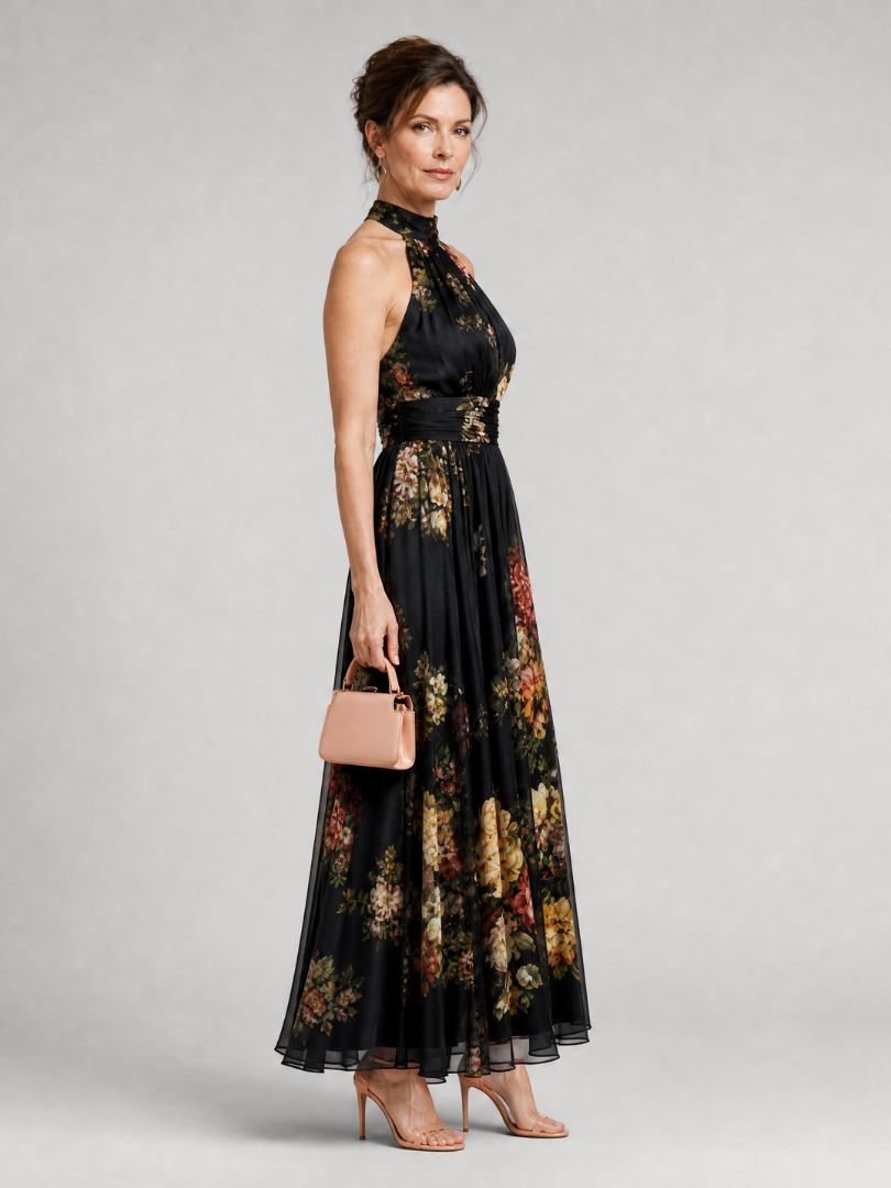 Women's Floral Midi Dress with Backless Neckline