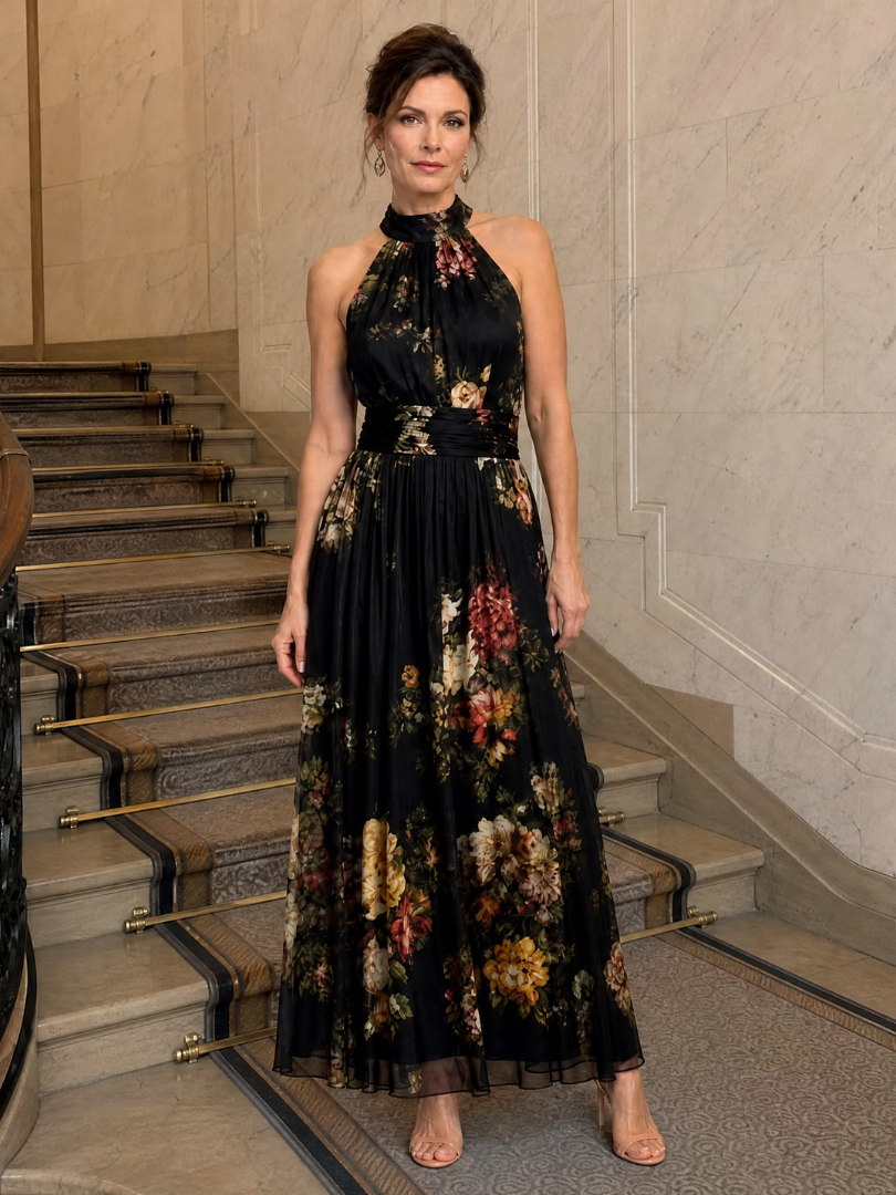 Women's Floral Midi Dress with Backless Neckline