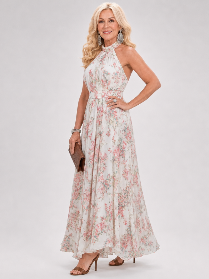 Women's Floral Midi Dress with Backless Neckline