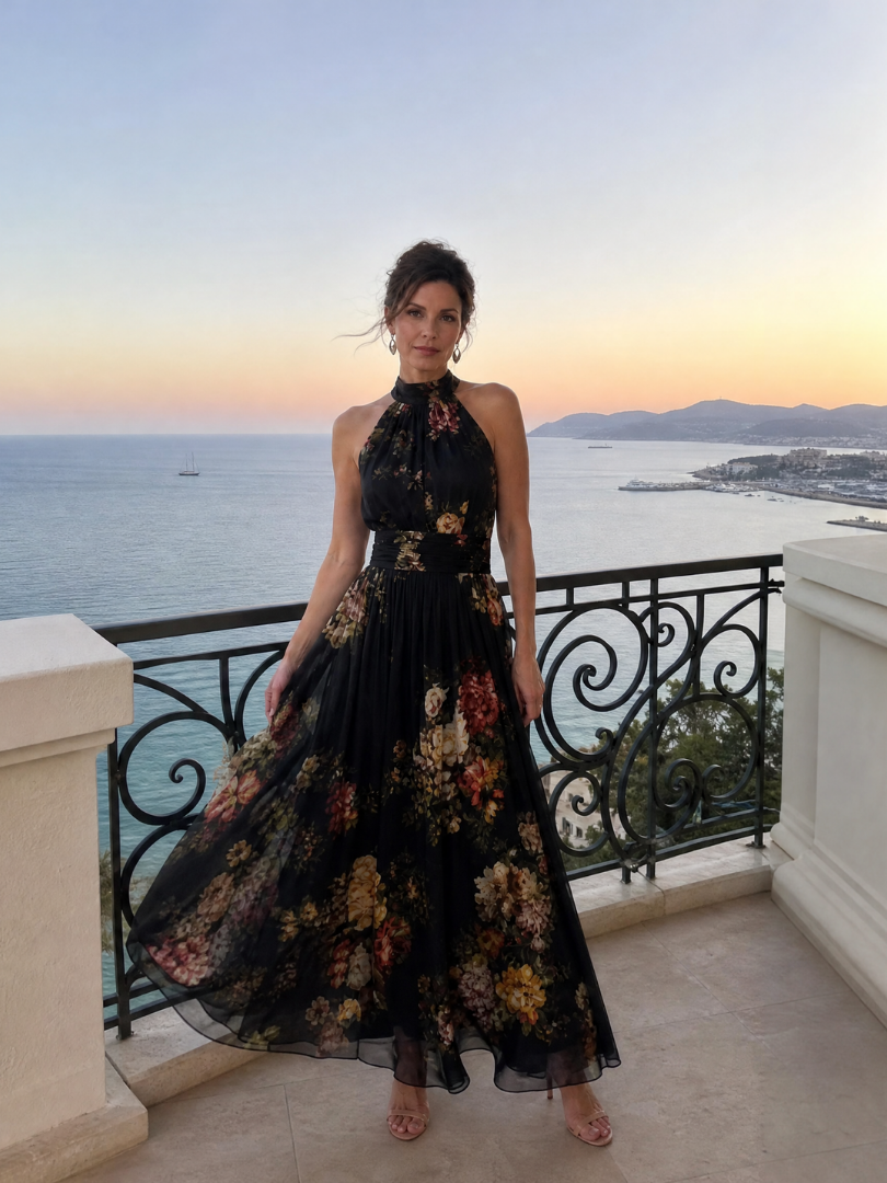 Women's Floral Midi Dress with Backless Neckline