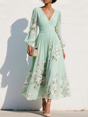 Women's Floral Midi Dress with V-Neck Design