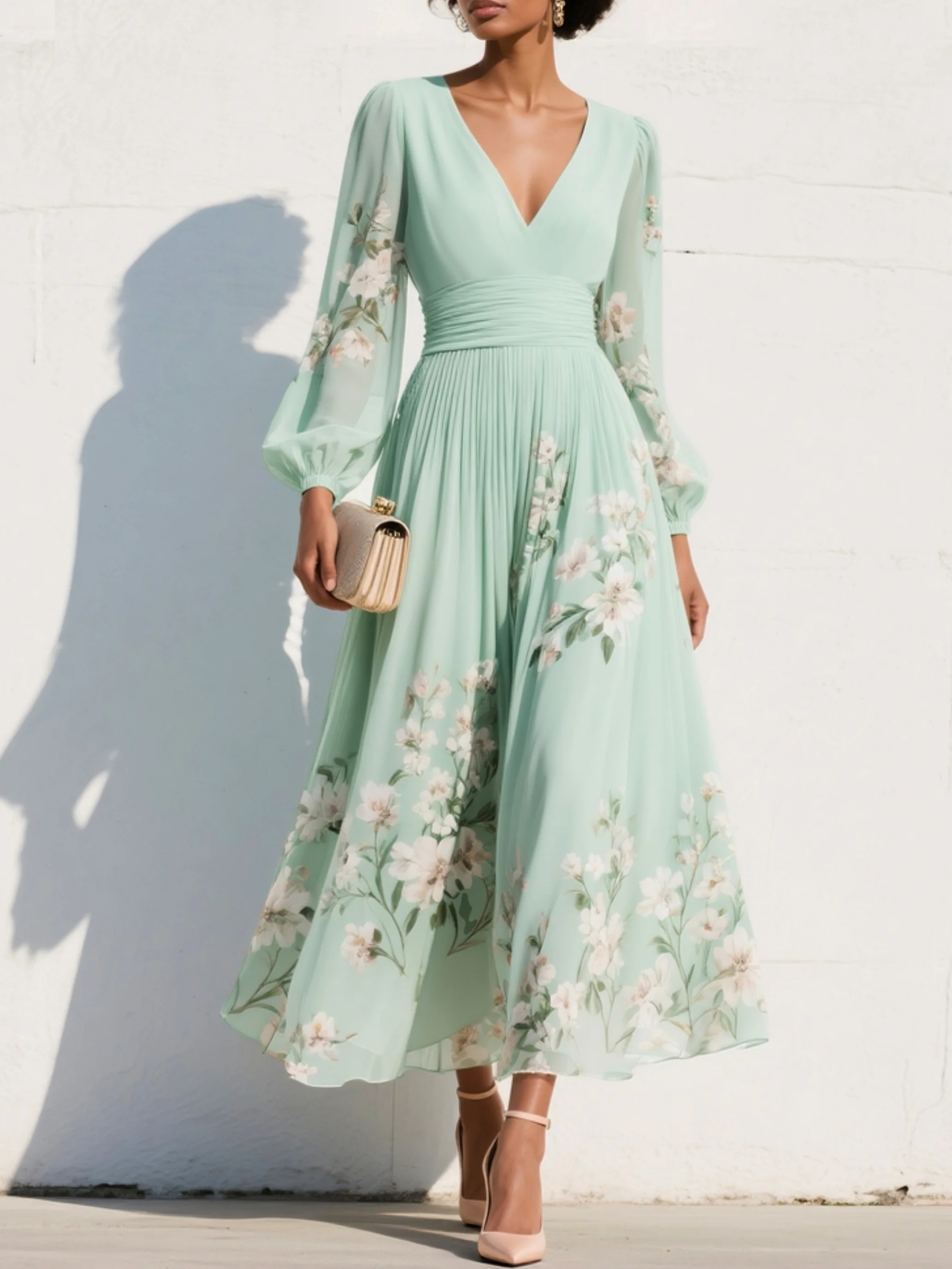 Women's Floral Midi Dress with V-Neck Design