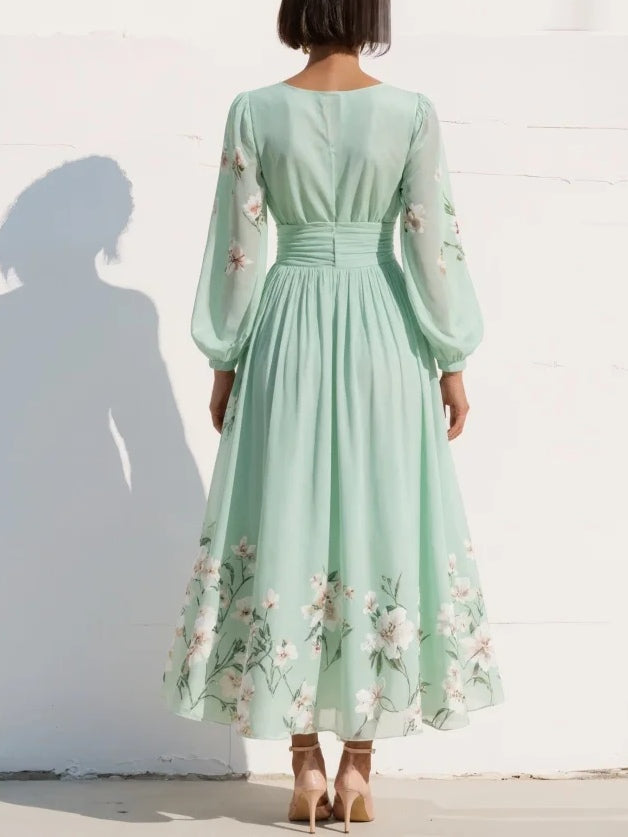 Women's Floral Midi Dress with V-Neck Design