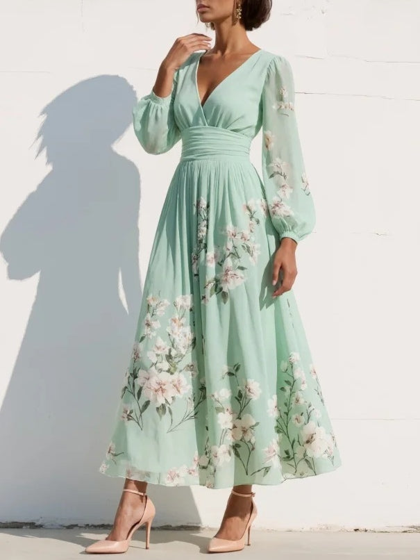 Women's Floral Midi Dress with V-Neck Design