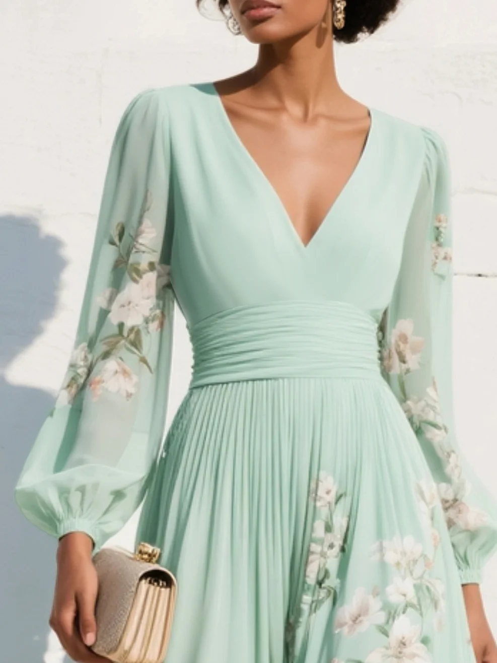 Women's Floral Midi Dress with V-Neck Design