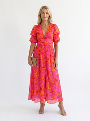 Women's Floral Midi Dress with V-Neck and Puff Sleeves
