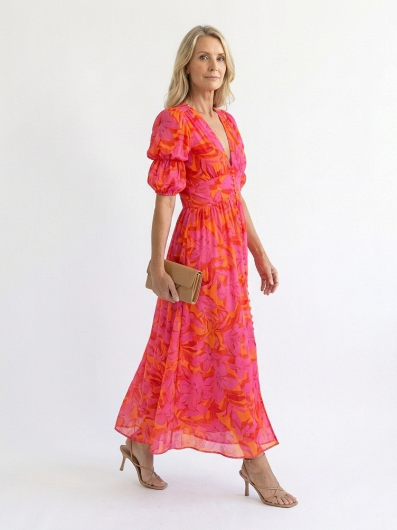 Women's Floral Midi Dress with V-Neck and Puff Sleeves