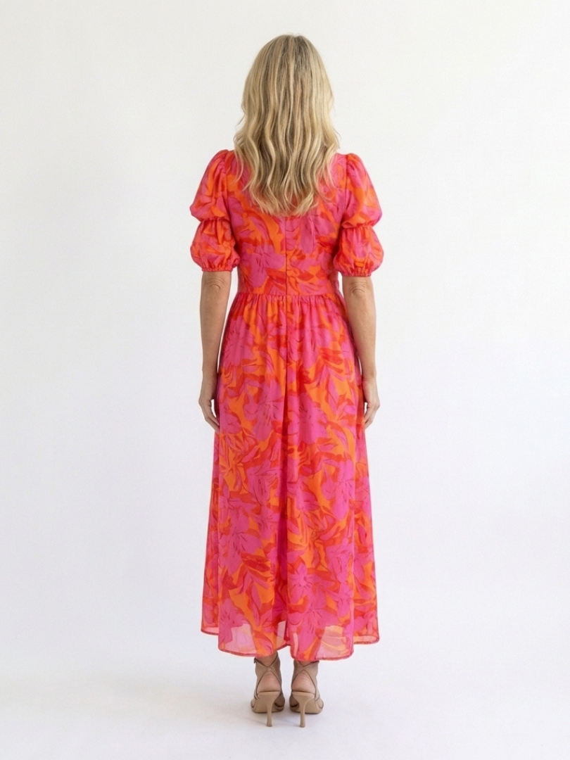 Women's Floral Midi Dress with V-Neck and Puff Sleeves