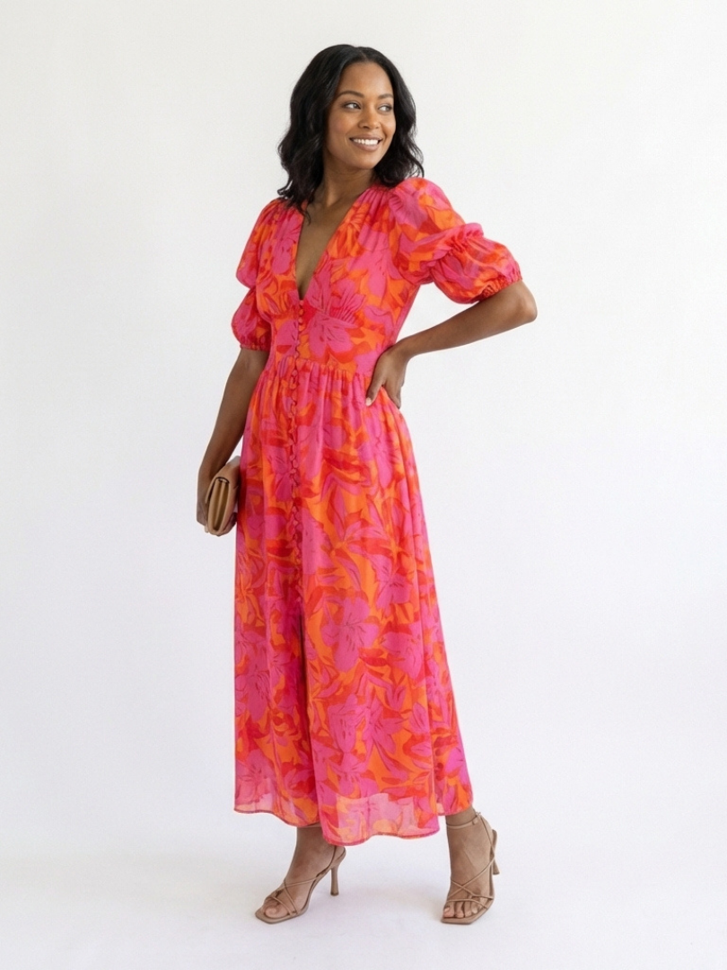 Women's Floral Midi Dress with V-Neck and Puff Sleeves