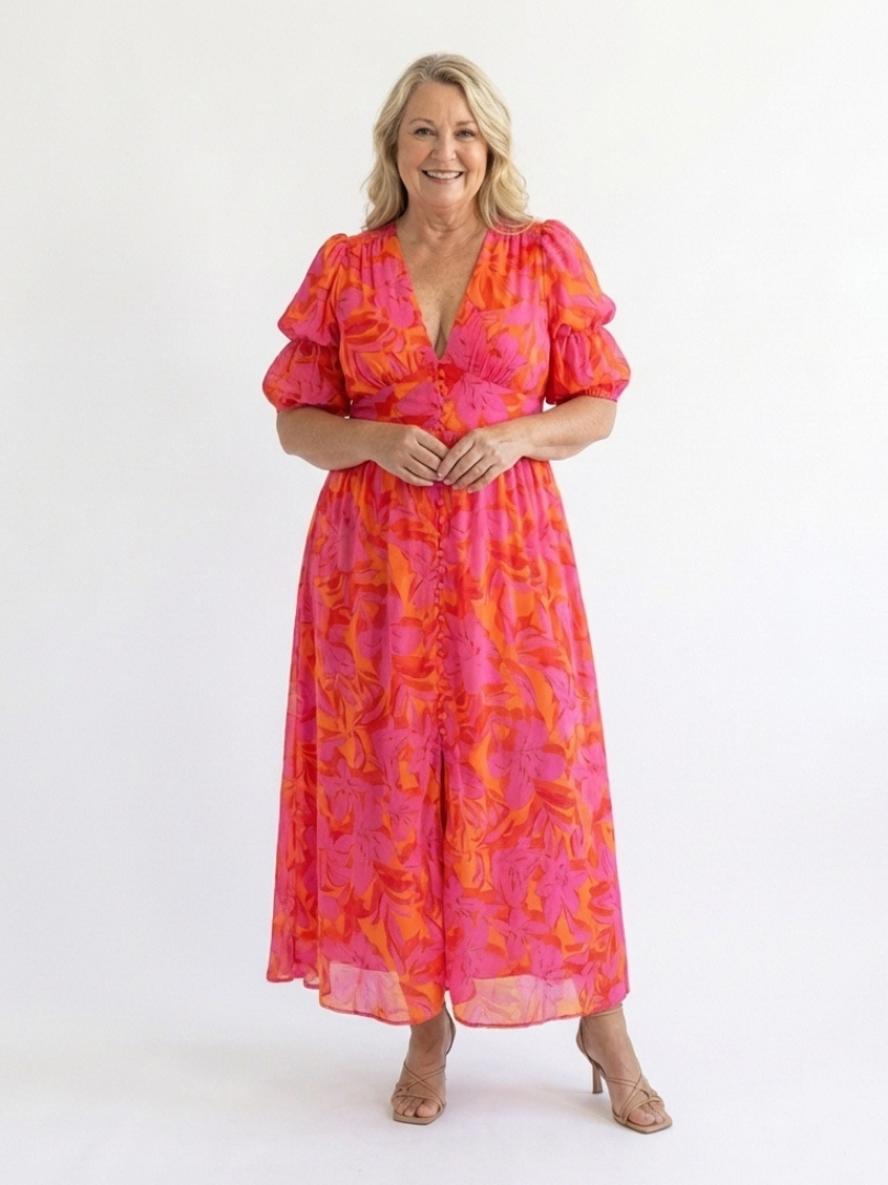 Women's Floral Midi Dress with V-Neck and Puff Sleeves