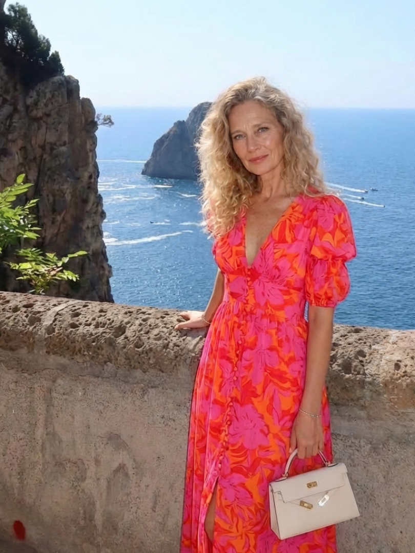 Women's Floral Midi Dress with V-Neck and Puff Sleeves