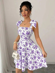 Women's Floral Off-Shoulder A-Line Dress with Bow