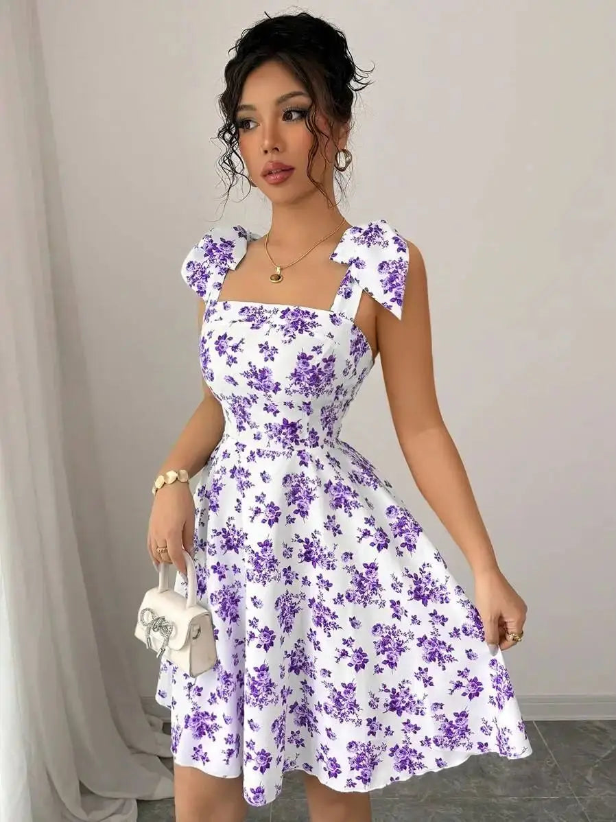 Women's Floral Off-Shoulder A-Line Dress with Bow